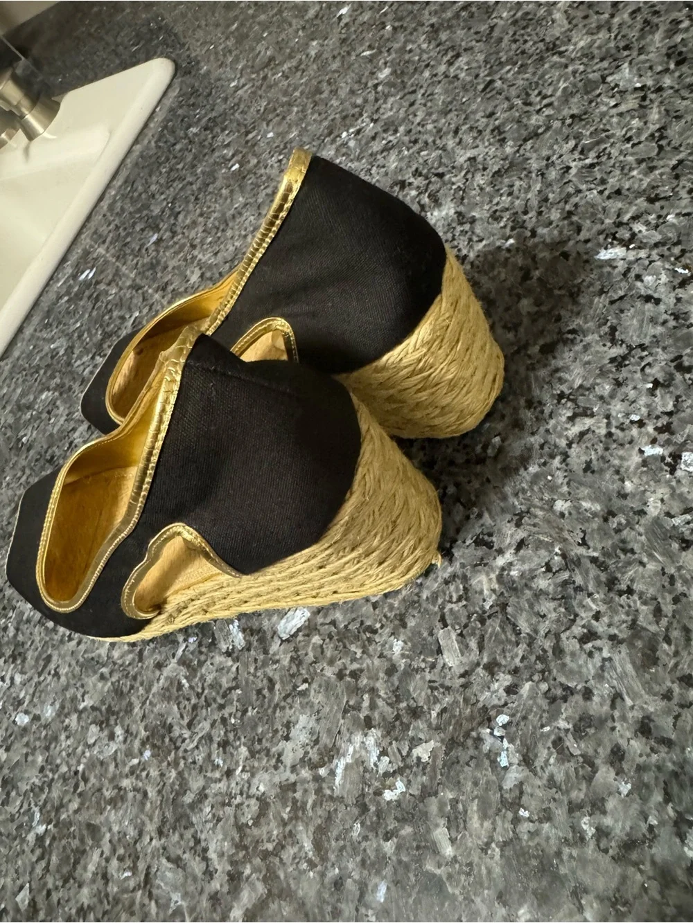 Ralph Lauren Black and Gold Peep-Toe Espadrille Flats